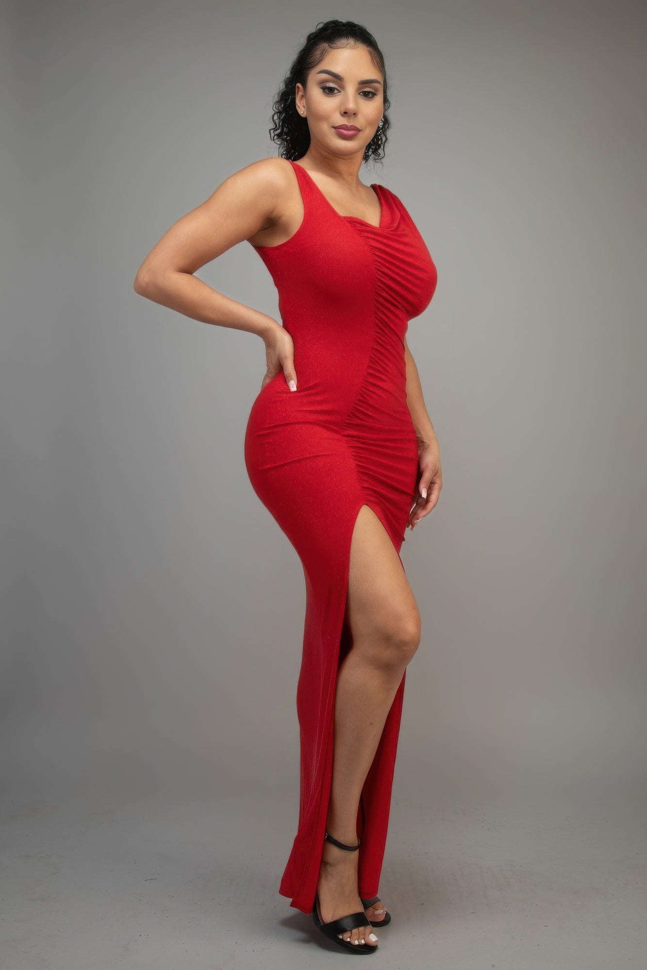 Glitter Slitted Dress Cherry Red 4
