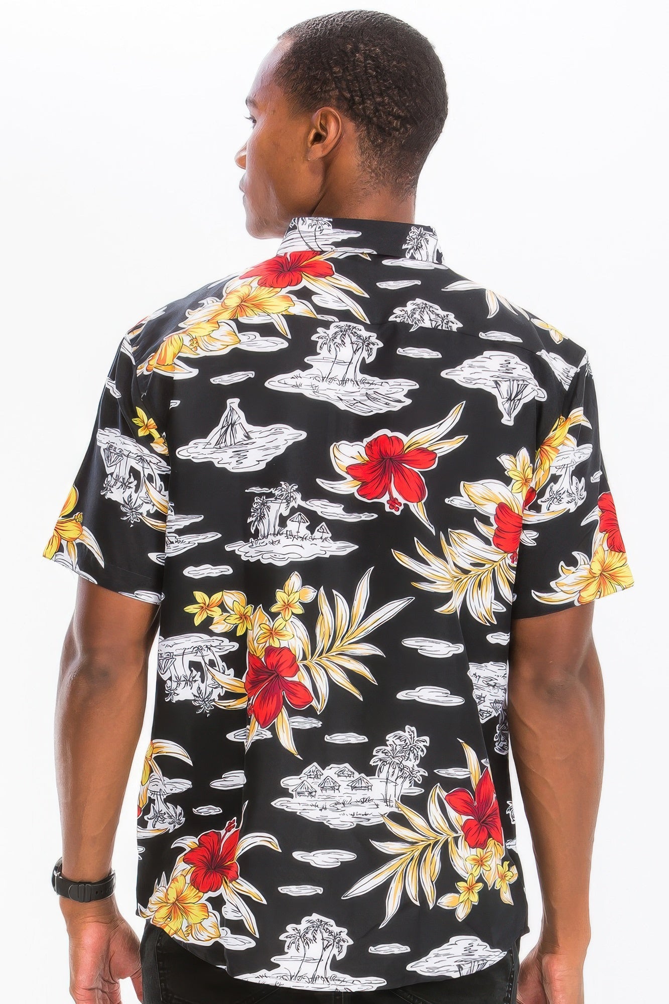 Hawaiian Print Button Down Shirt Black 4