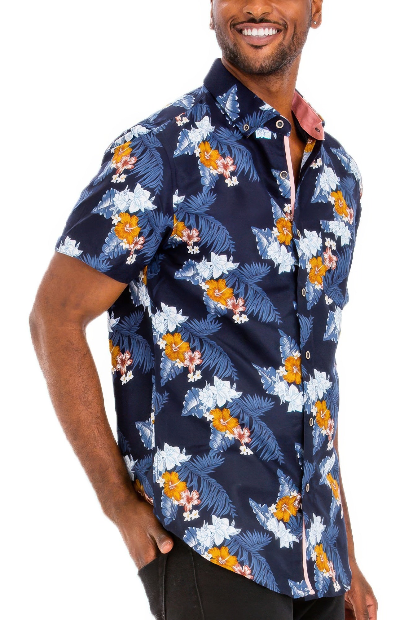 Hawaiian Print Button Down Shirt Multicolor Blue