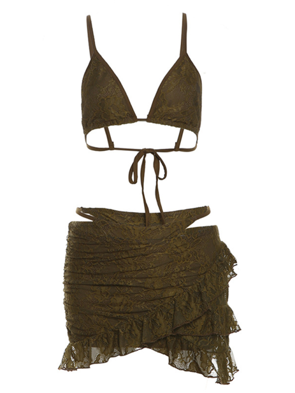 Ladies new fashion hot girl suspenders lace sexy panties hip skirt three piece suit Olive Green 2