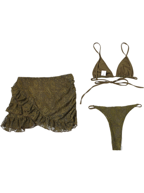 Ladies new fashion hot girl suspenders lace sexy panties hip skirt three piece suit Olive Green 3
