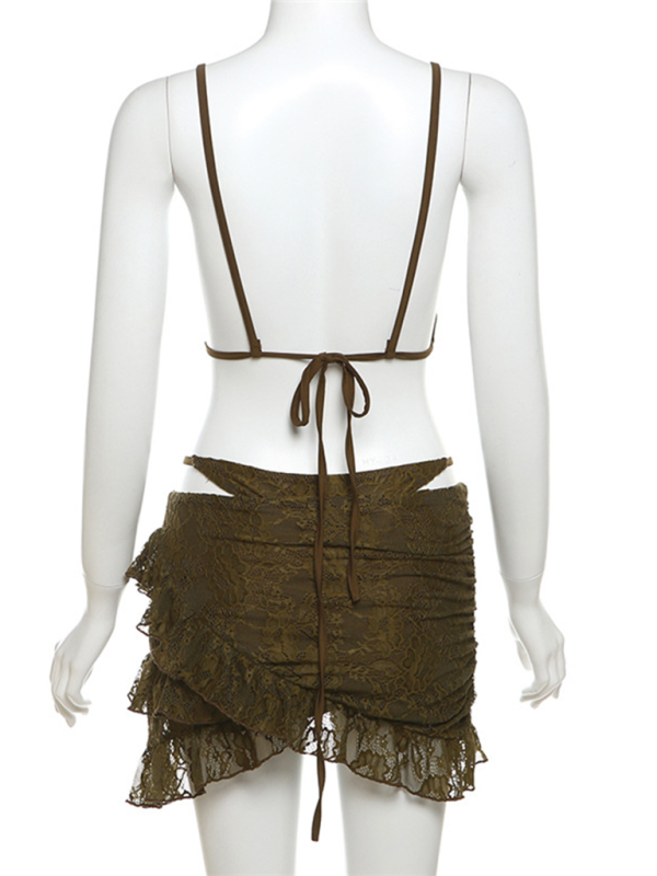 Ladies new fashion hot girl suspenders lace sexy panties hip skirt three piece suit Olive Green 4