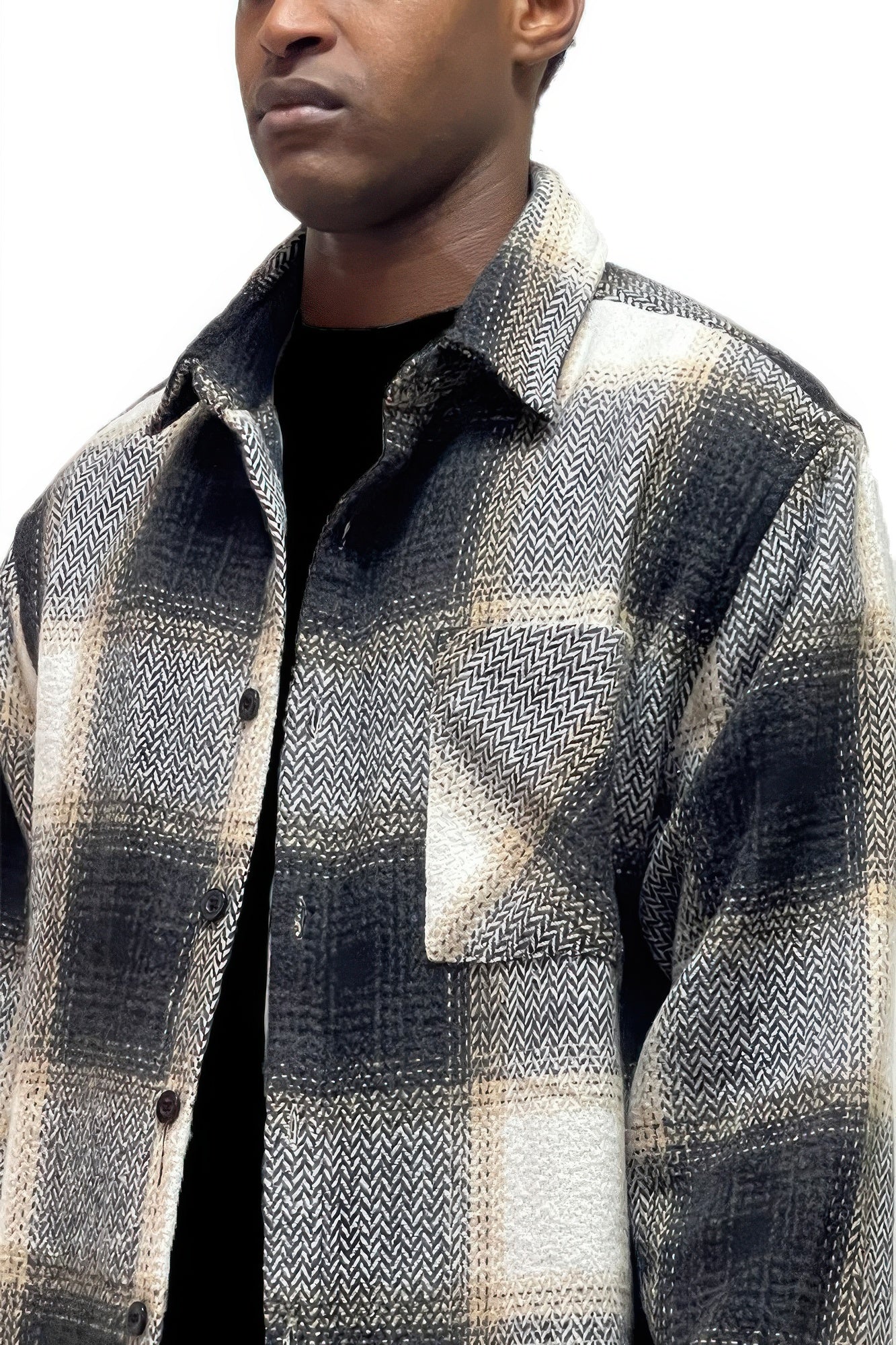 Men's Flannel Shirt Jacket Shacket Black Front