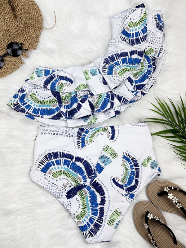 New bikini women's double-layer large lotus leaf one-shoulder split swimsuit 3