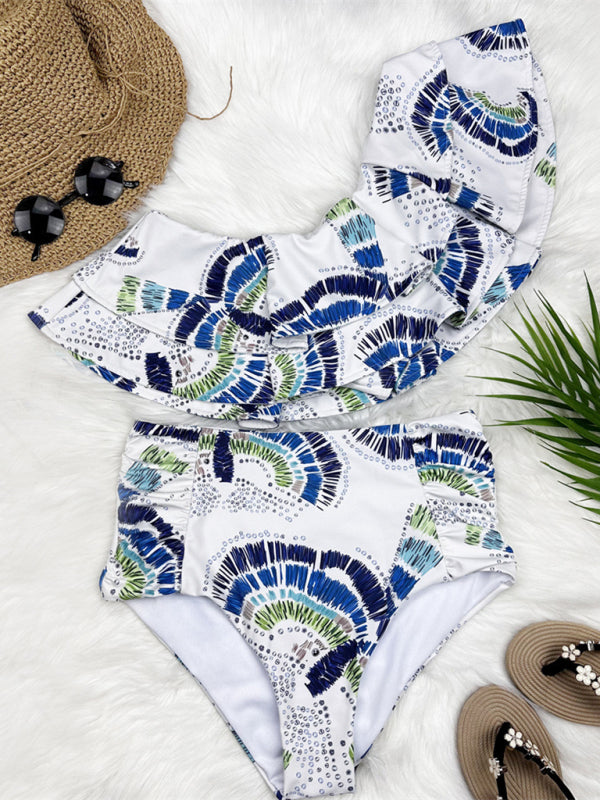New bikini women's double-layer large lotus leaf one-shoulder split swimsuit 4