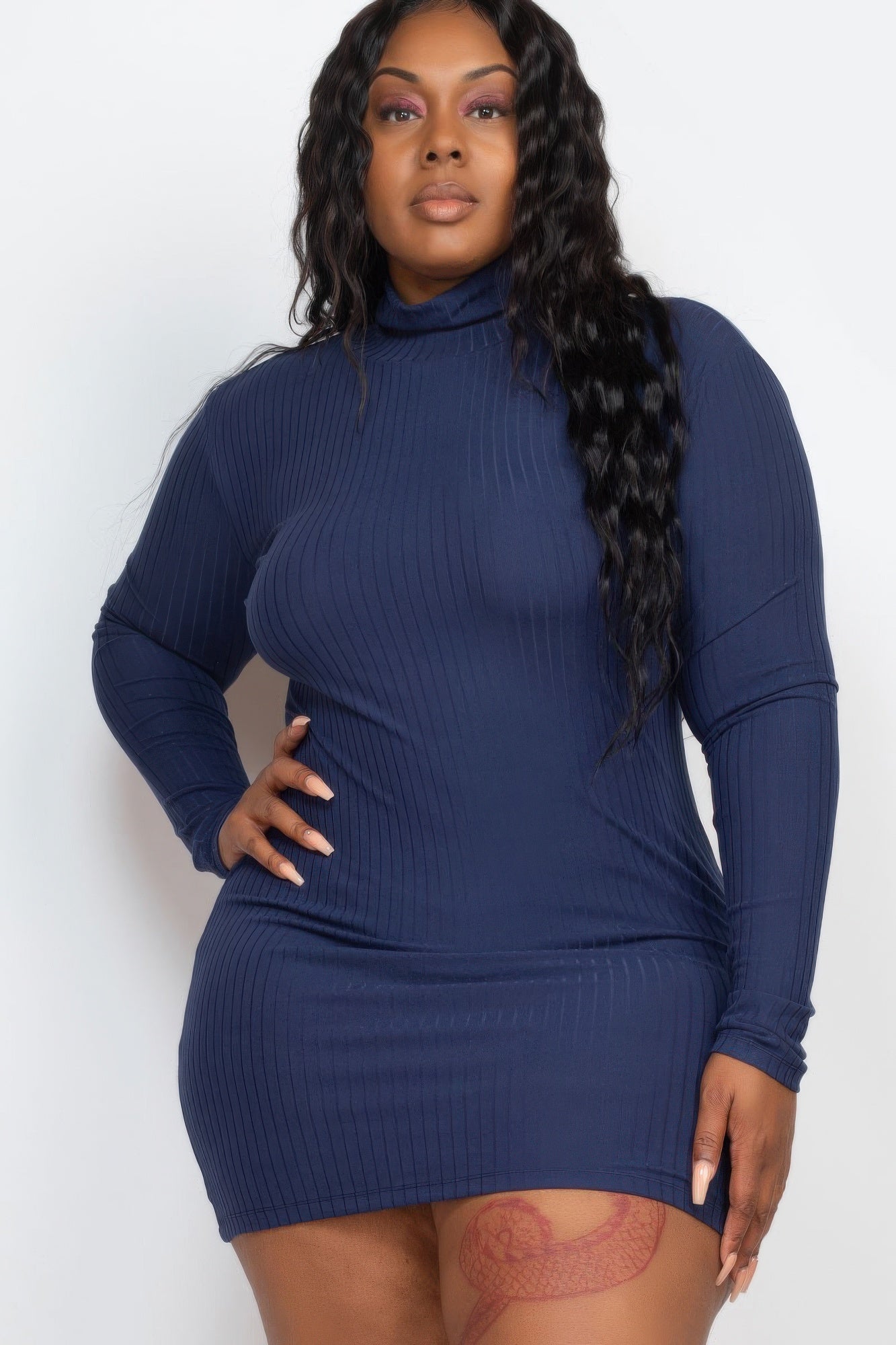 Plus Size Ribbed Long Sleeve Mock Neck Mini Bodycon Dress 10