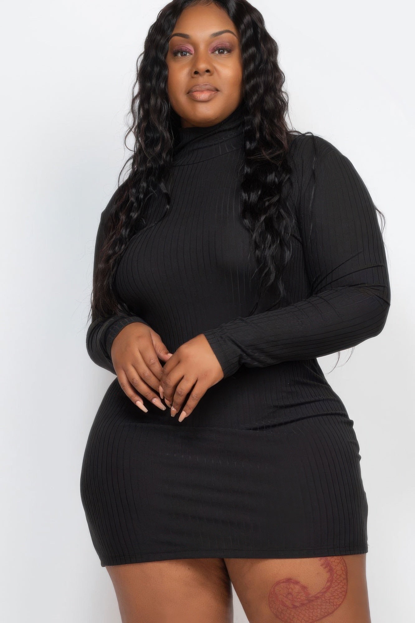 Plus Size Ribbed Long Sleeve Mock Neck Mini Bodycon Dress 11