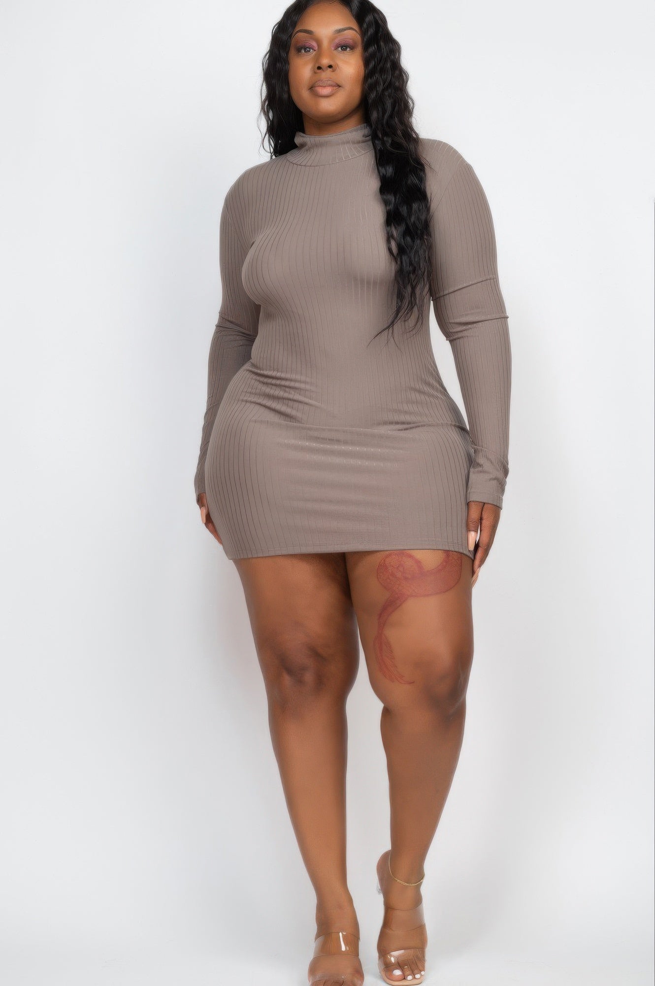 Plus Size Ribbed Long Sleeve Mock Neck Mini Bodycon Dress 2