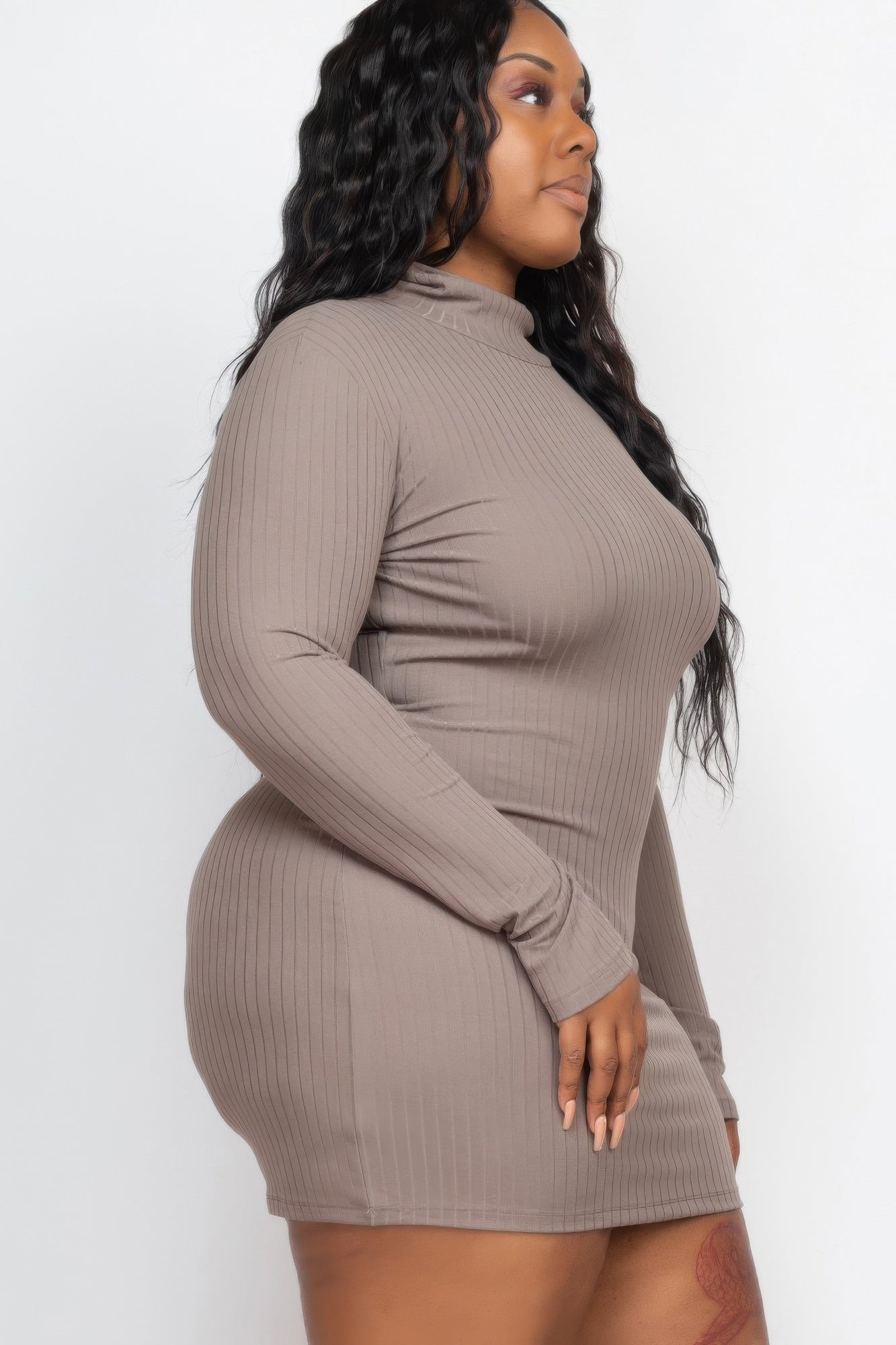 Plus Size Ribbed Long Sleeve Mock Neck Mini Bodycon Dress 3