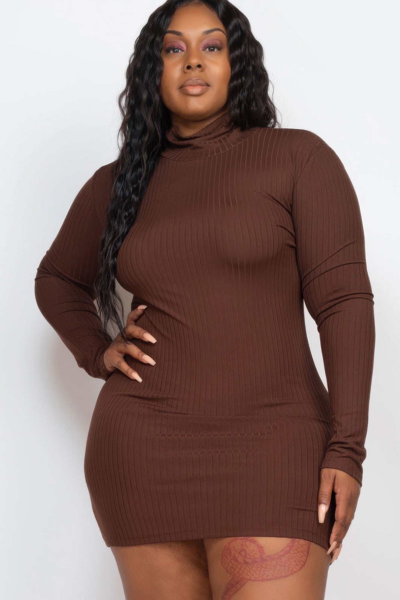 Plus Size Ribbed Long Sleeve Mock Neck Mini Bodycon Dress 6