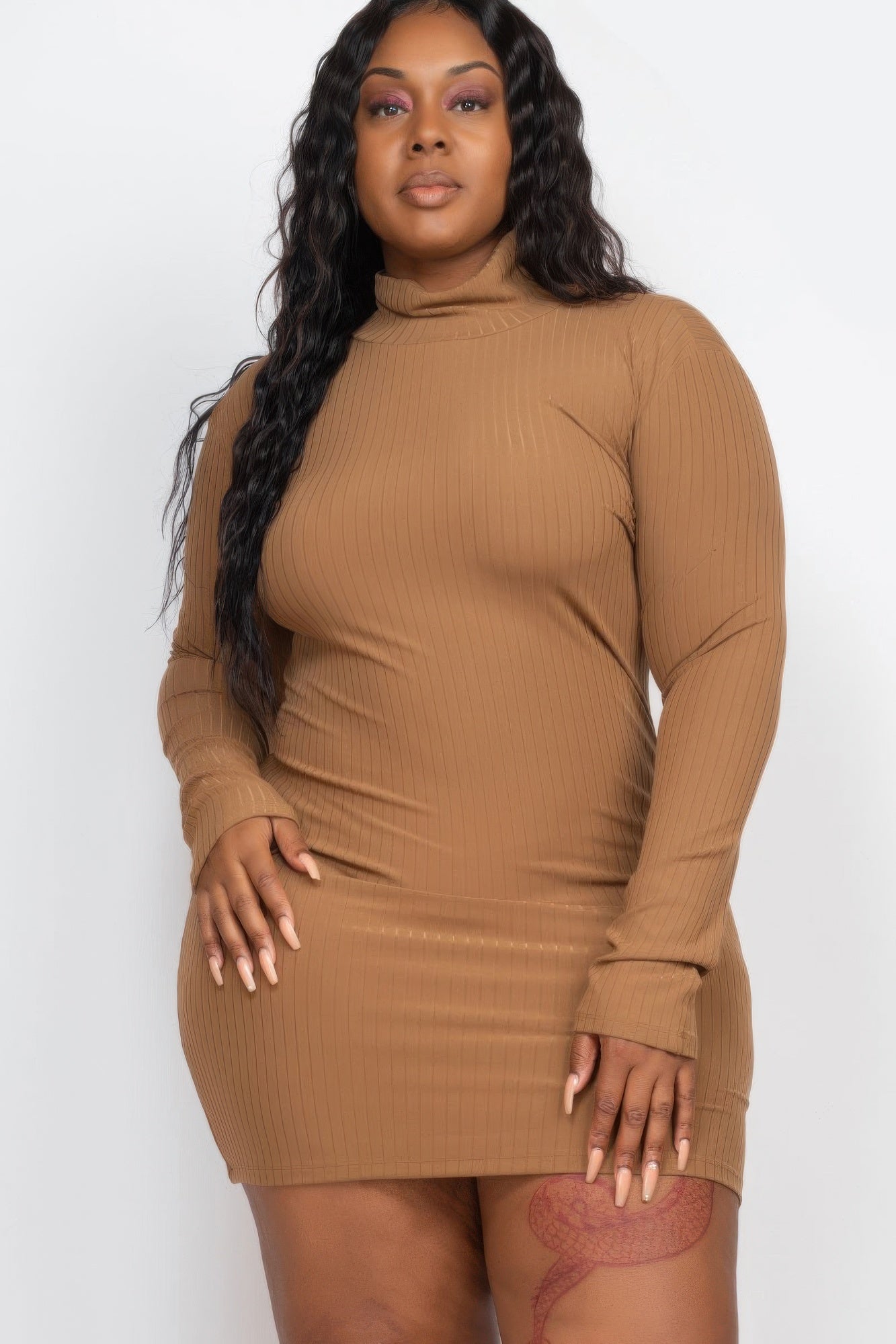 Plus Size Ribbed Long Sleeve Mock Neck Mini Bodycon Dress 7