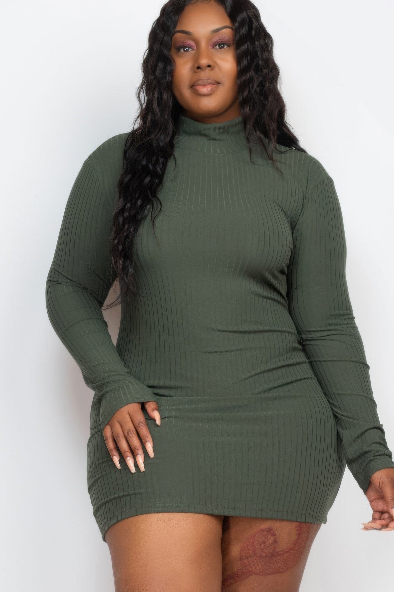 Plus Size Ribbed Long Sleeve Mock Neck Mini Bodycon Dress 8