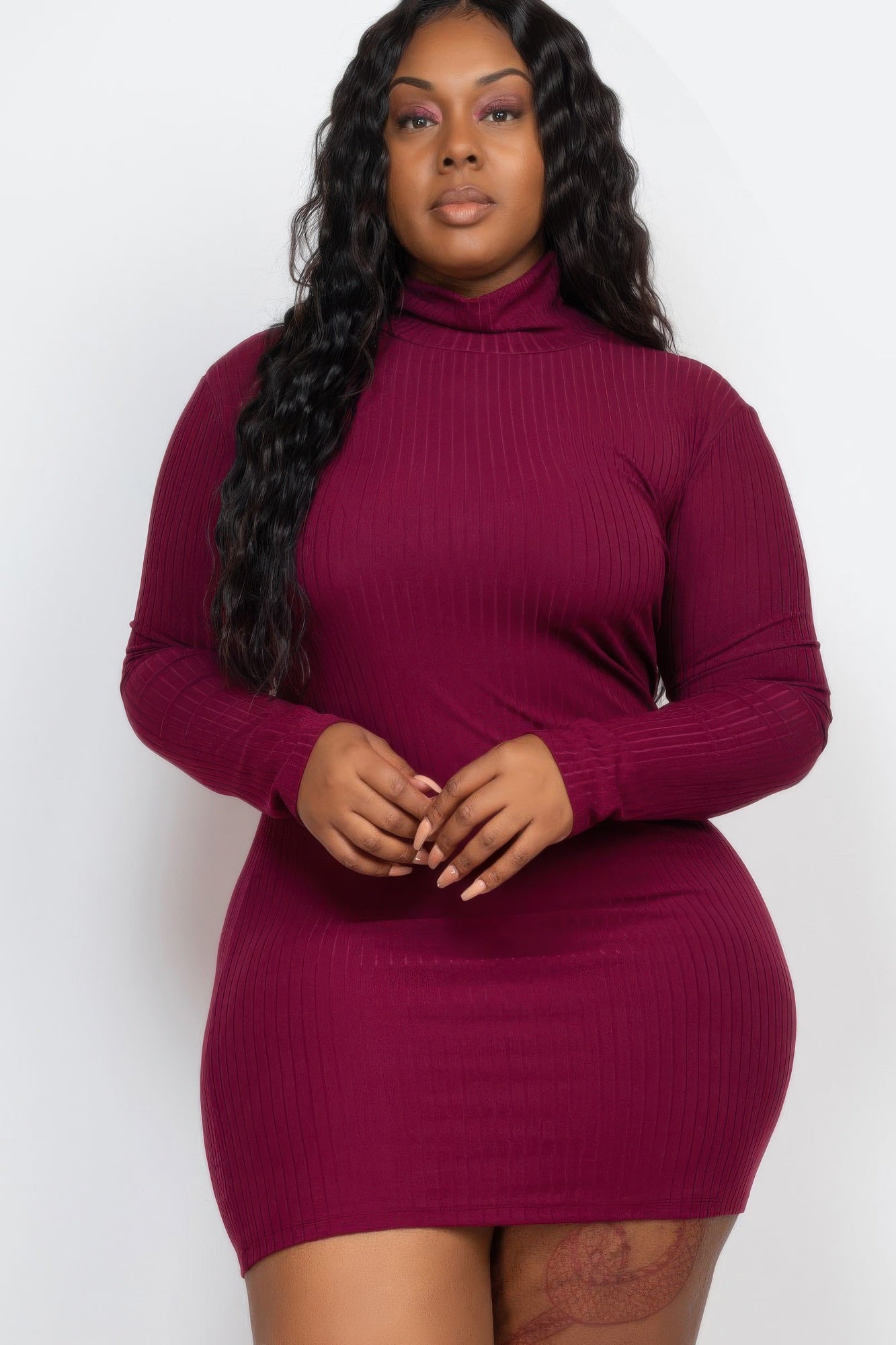 Plus Size Ribbed Long Sleeve Mock Neck Mini Bodycon Dress 9