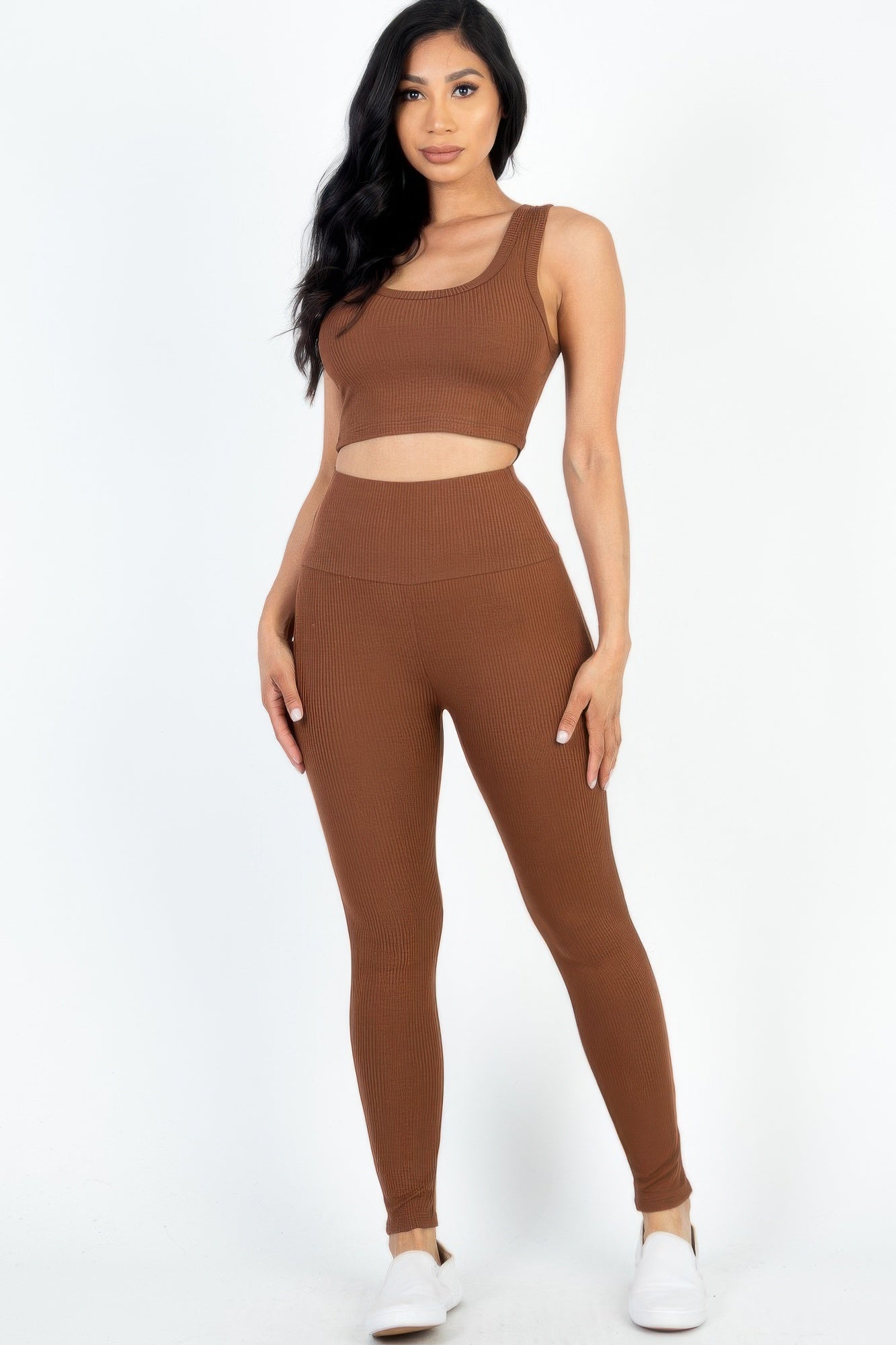 Ribbed Crop Top & Leggings Set Brown