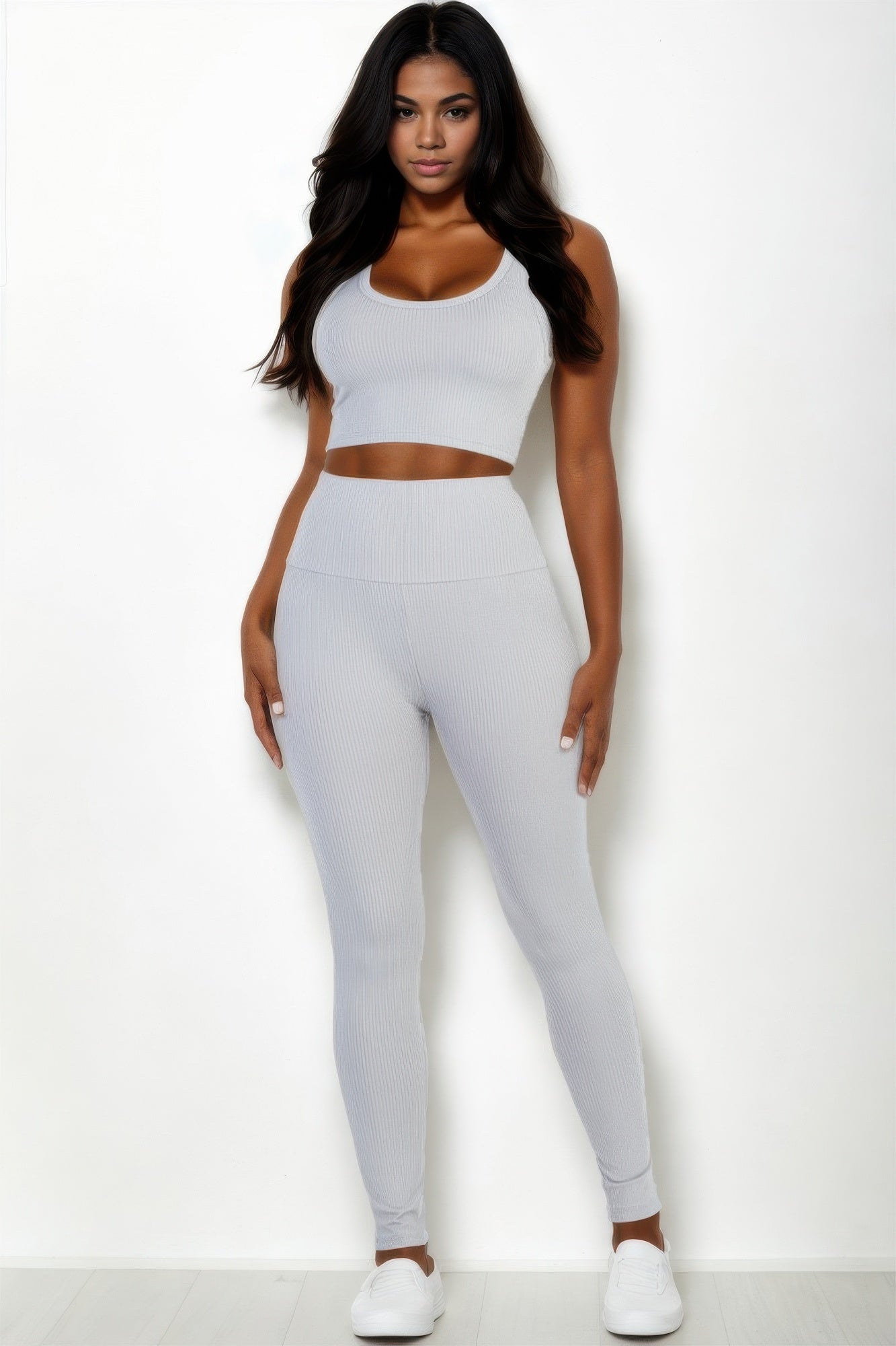 Ribbed Crop Top & Leggings Set Gray