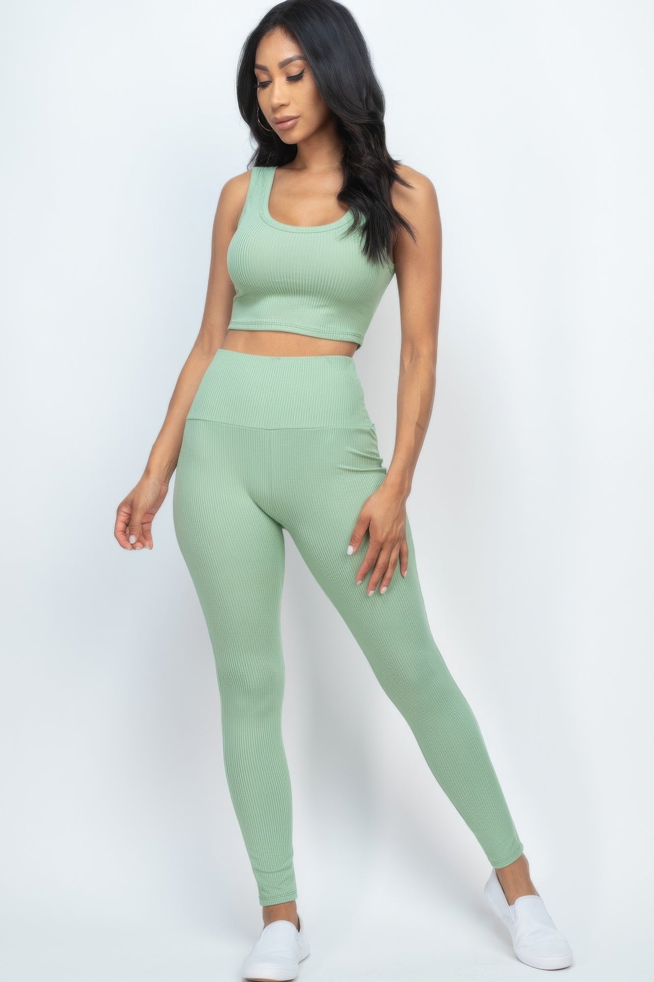 Ribbed Crop Top & Leggings Set Green