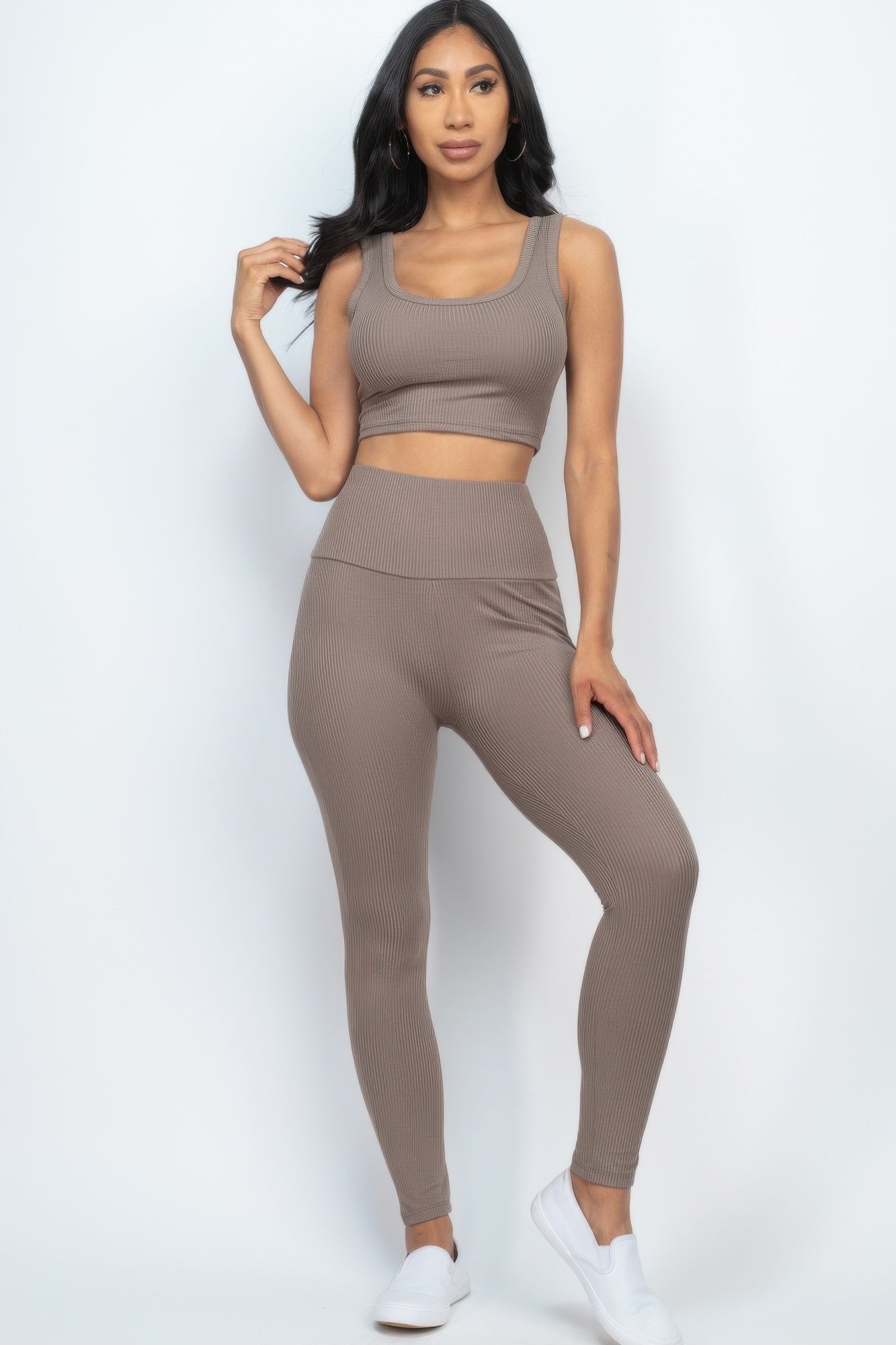 Ribbed Crop Top & Leggings Set Light Brown