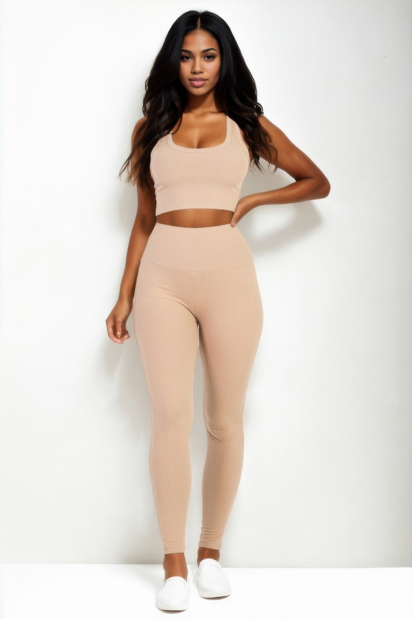 Ribbed Crop Top & Leggings Set Peach