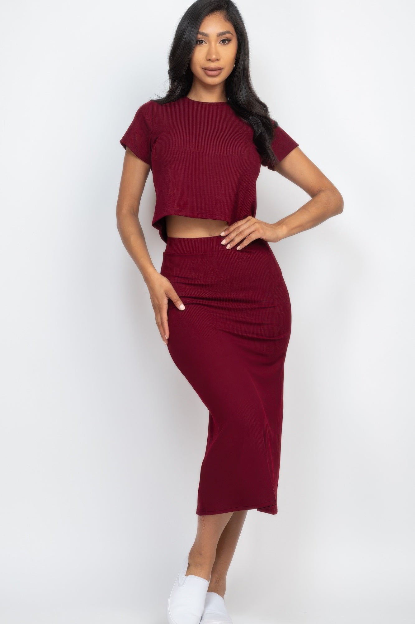 Short Sleeve Ribbed Top & Midi Skirt Set Red