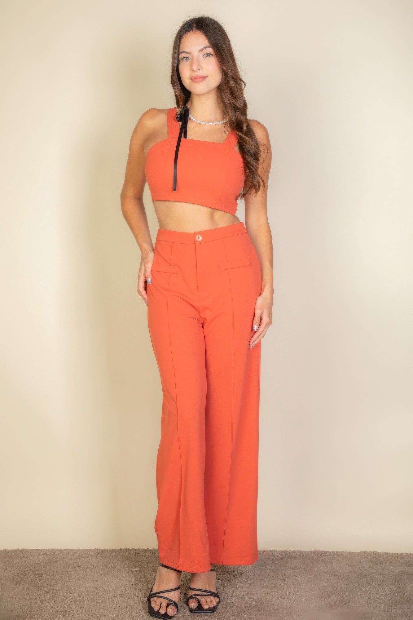 Solid Tank Top & Wide Leg Pants Orange