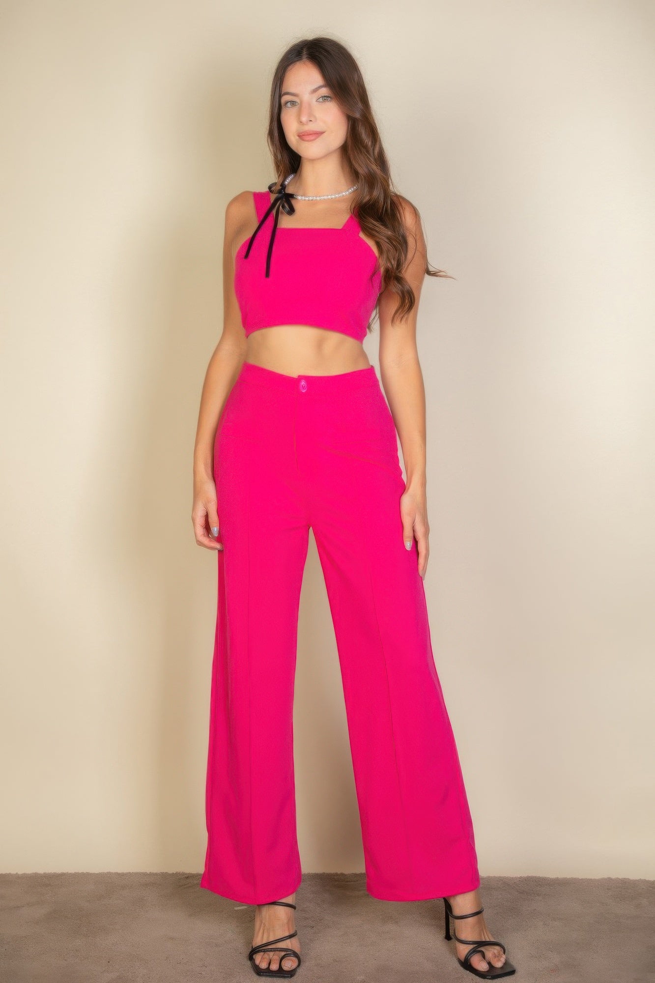 Solid Tank Top & Wide Leg Pants Pink
