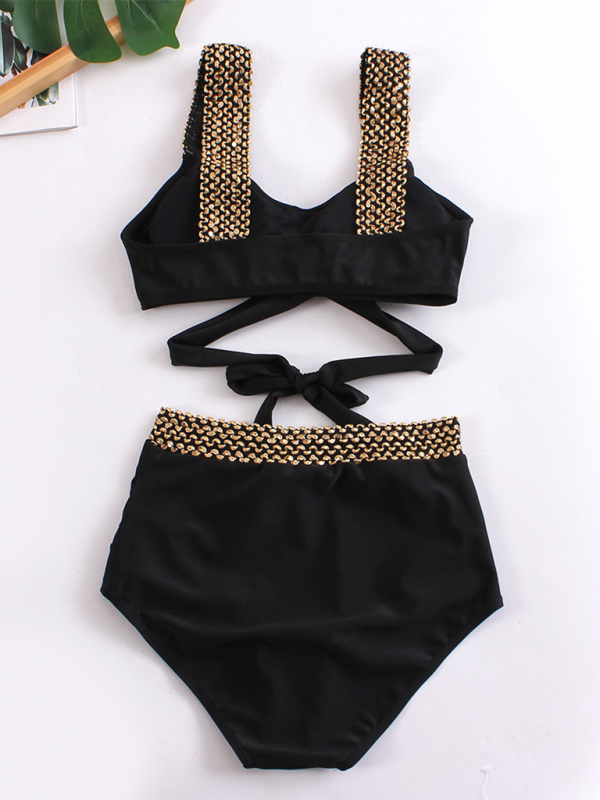 Women's bikini two-piece tight swimsuit sexy cross backless bikini Black