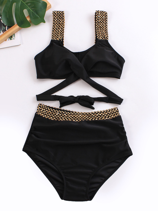 Women's bikini two-piece tight swimsuit sexy cross backless bikini Black 2