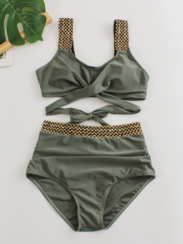 Women's bikini two-piece tight swimsuit sexy cross backless bikini Green