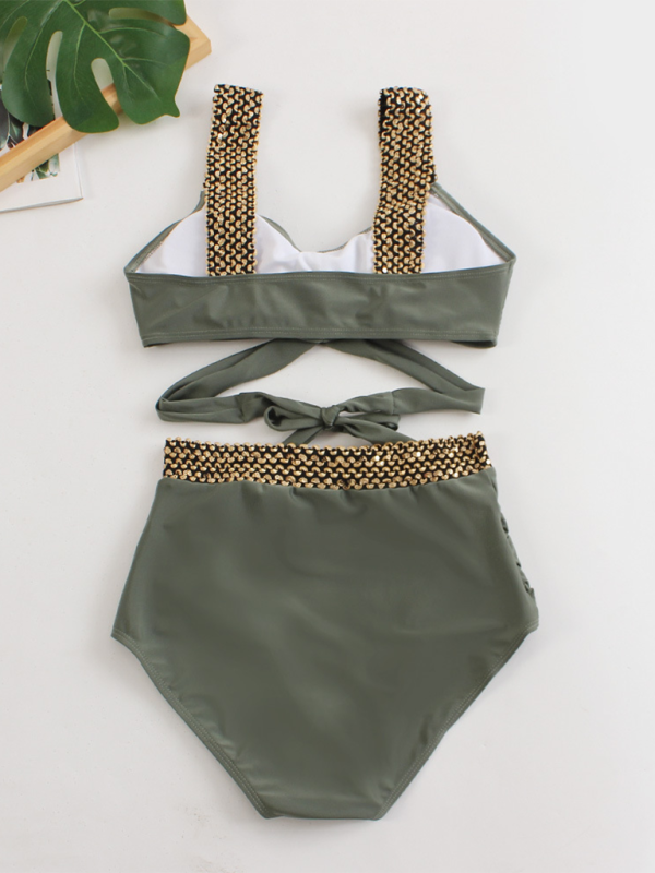 Women's bikini two-piece tight swimsuit sexy cross backless bikini Green 2