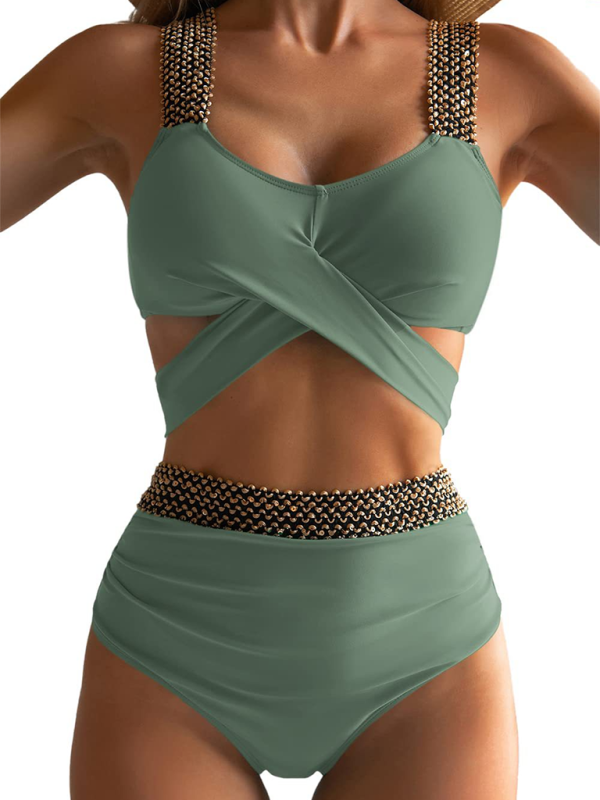 Women's bikini two-piece tight swimsuit sexy cross backless bikini Green 3
