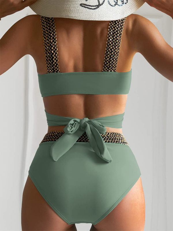 Women's bikini two-piece tight swimsuit sexy cross backless bikini Green 4