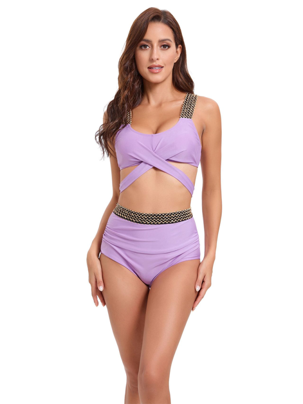 Women's bikini two-piece tight swimsuit sexy cross backless bikini Lavender