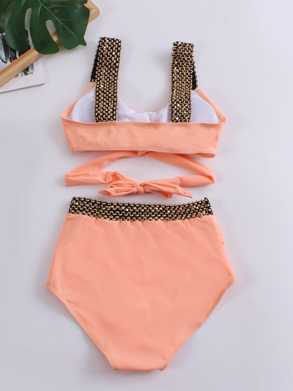 Women's bikini two-piece tight swimsuit sexy cross backless bikini Lotus root Pink