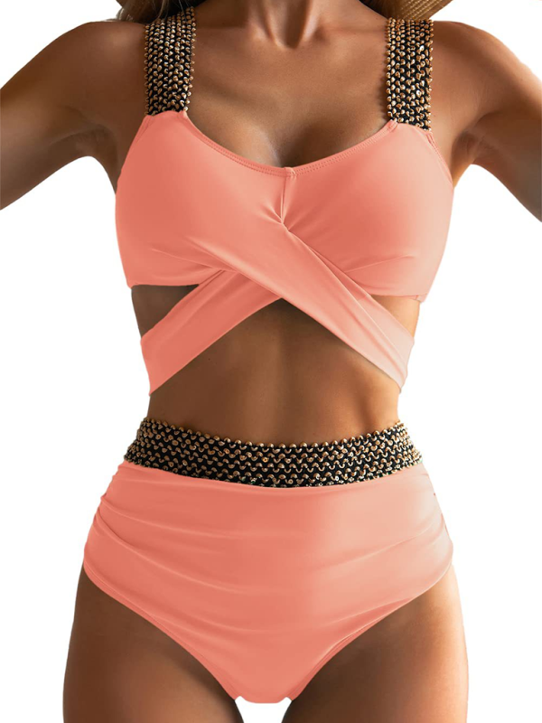Women's bikini two-piece tight swimsuit sexy cross backless bikini Lotus root Pink 4