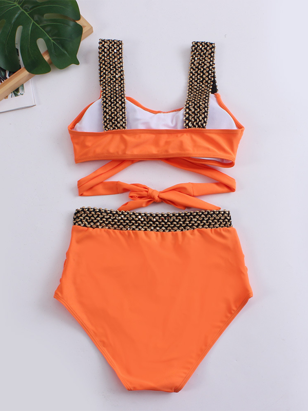 Women's bikini two-piece tight swimsuit sexy cross backless bikini Orange