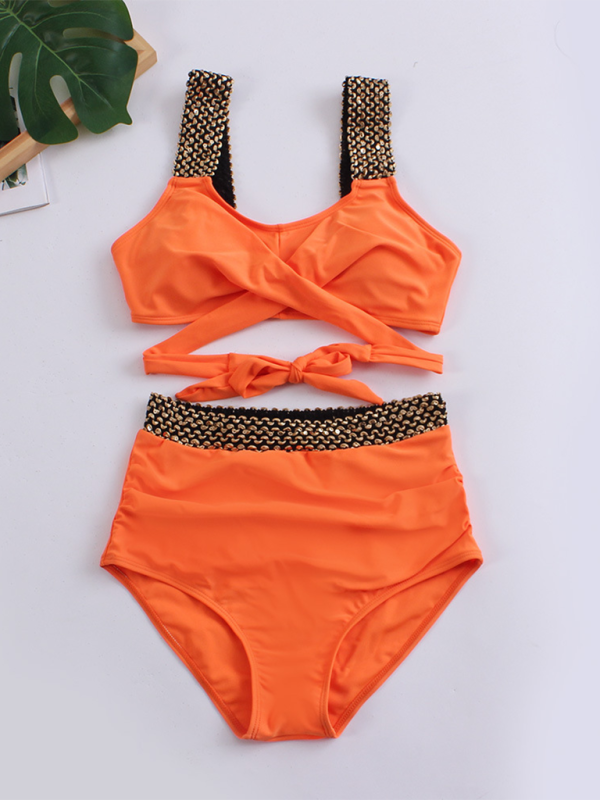 Women's bikini two-piece tight swimsuit sexy cross backless bikini Orange 2