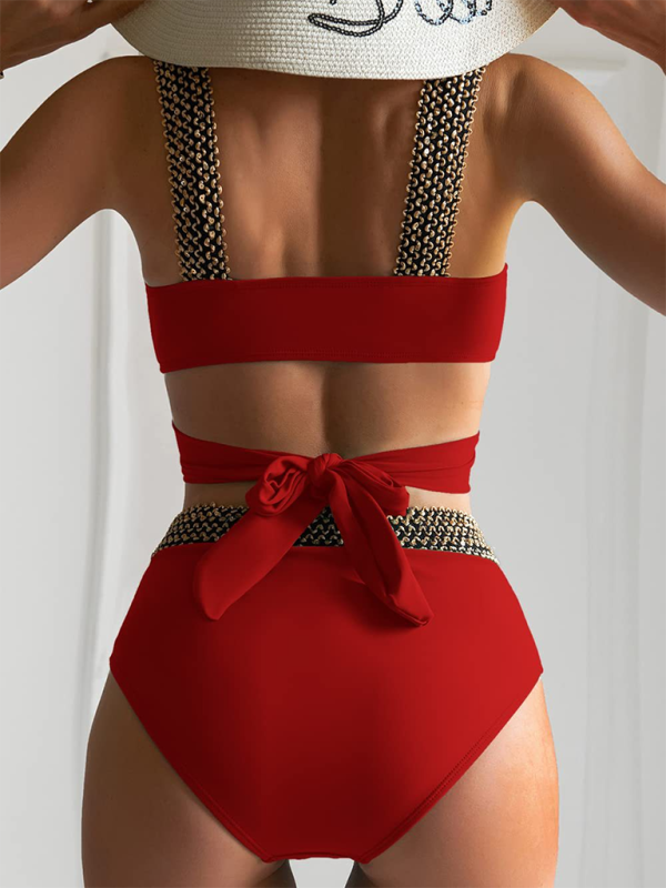 Women's bikini two-piece tight swimsuit sexy cross backless bikini Red 2