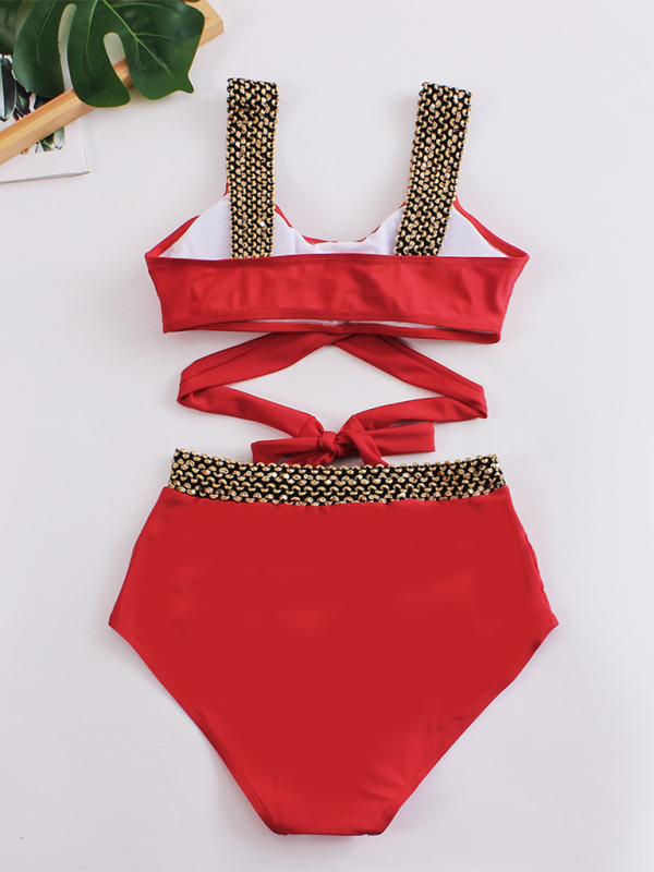 Women's bikini two-piece tight swimsuit sexy cross backless bikini Red 3