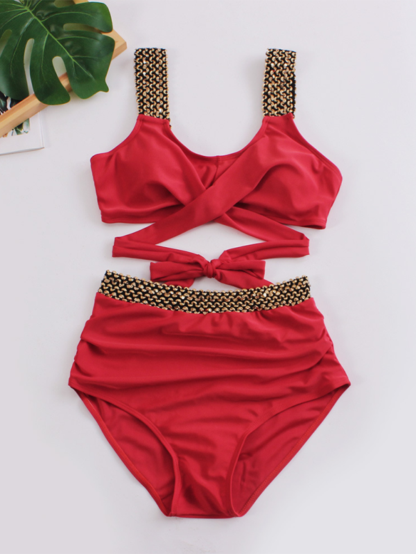 Women's bikini two-piece tight swimsuit sexy cross backless bikini Red 4