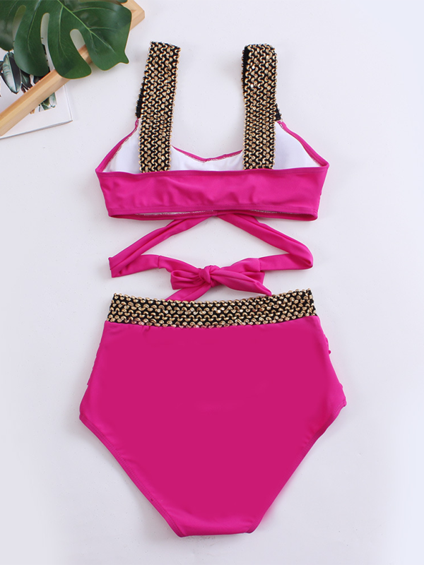 Women's bikini two-piece tight swimsuit sexy cross backless bikini Rose 1