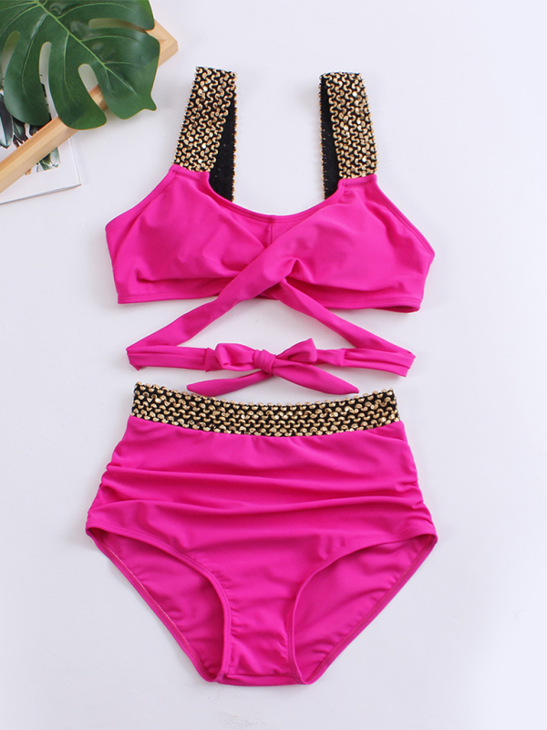 Women's bikini two-piece tight swimsuit sexy cross backless bikini Rose 2