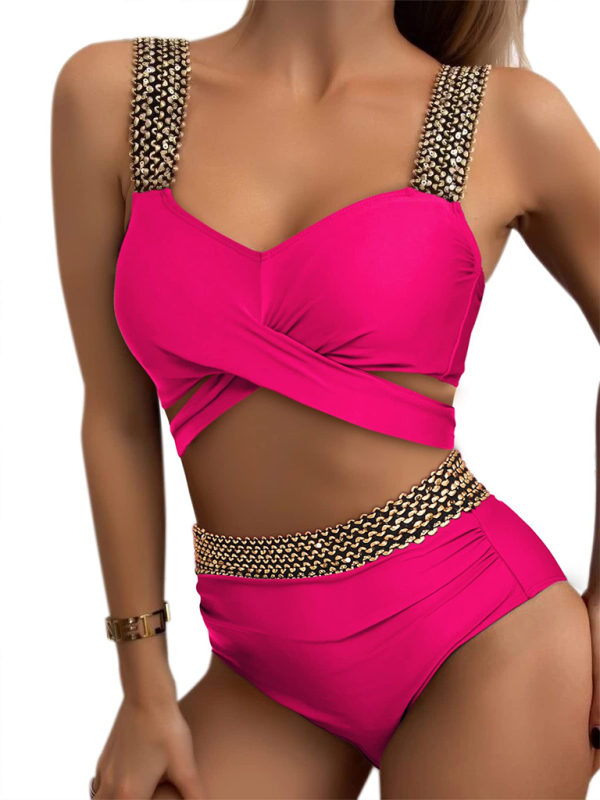 Women's bikini two-piece tight swimsuit sexy cross backless bikini Rose 3