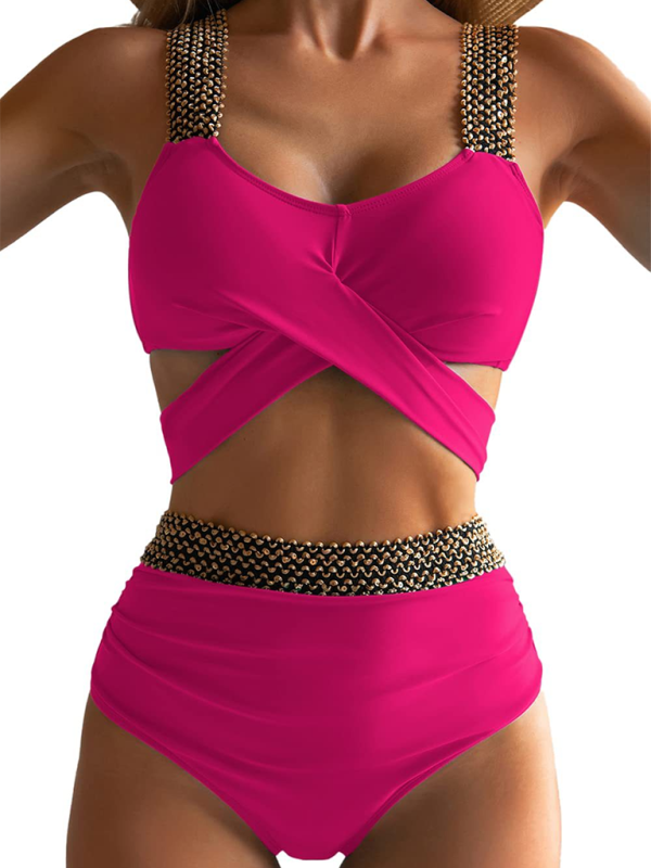 Women's bikini two-piece tight swimsuit sexy cross backless bikini Rose 3