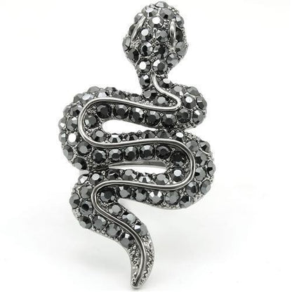 0W282 - Ruthenium Brass Snake Ring with Top Grade Crystal in Jet