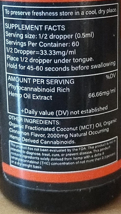 2000mg Full Spectrum Hemp Extract 30ml Tincture Cinnamon Flavor
