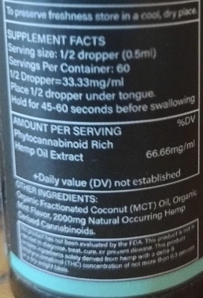 2000mg Full Spectrum Hemp Extract 30ml Tincture Mint Flavor