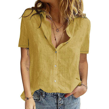 2023 New Women's Short Sleeve Button Shirt Casual Simple Solid Color Hemp Lapel Office Shirt For Women