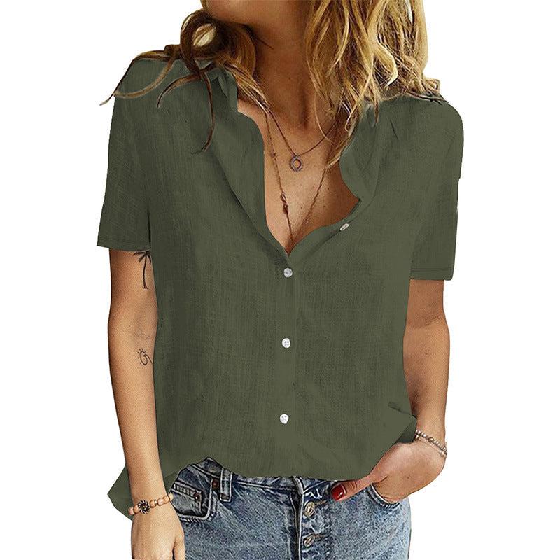 2023 New Women's Short Sleeve Button Shirt Casual Simple Solid Color Hemp Lapel Office Shirt For Women
