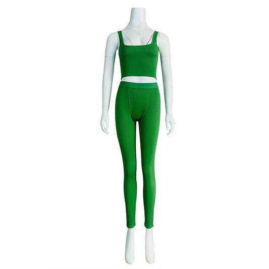 2023 Women Fashion Ribbed Crop Tank Top Two Piece Yoga Pants Sets