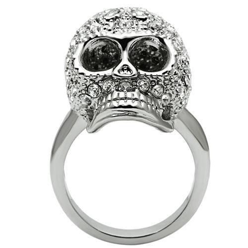 3W008 - Rhodium White Metal Skull Ring with Top Grade Crystal in Clear